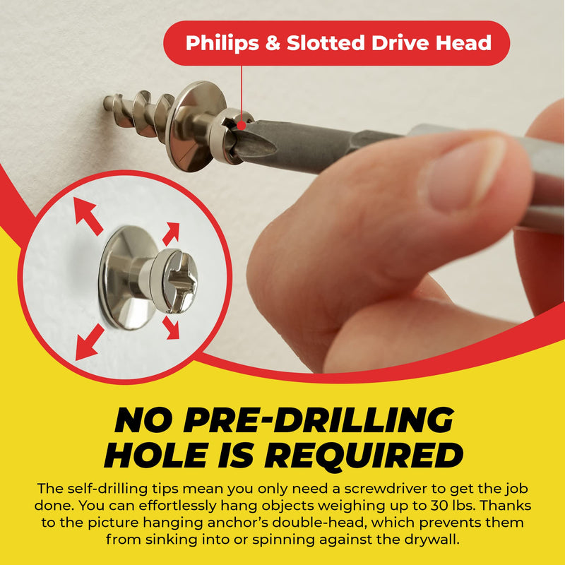 [Australia - AusPower] - QUALIHOME Double-Headed Wall Screw Anchors - Drywall Screw & Anchor in One for Items up to 30 Lbs. - Bear Claw Mounting Screws for D-Rings/Sawtooth/Wire/Keyholes - Hang Pictures/Mirrors (Pack of 25) 