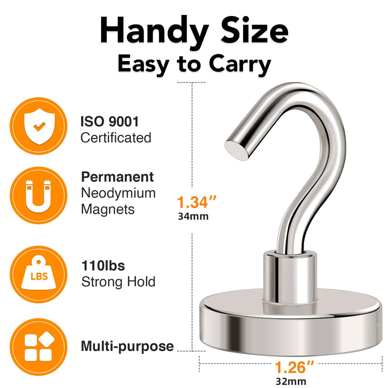 [Australia - AusPower] - MIKEDE Magnetic Hooks Heavy Duty,110LB+ Strong Magnet with Hook, Super Neodymium Cruise Hooks, Locker Organizer Industrial Hooks for Hanging, Magnetic Hanger for Cruise, Grill - 8 Pack 110LB-8pcs Silver 
