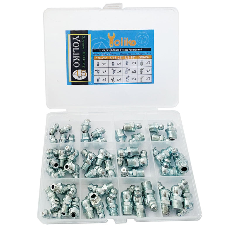 [Australia - AusPower] - 1/4"-3/8" 45Pcs 4 Sizes Grease Fitting Assortment Straight 45 90 Degree Grease Zerk Fittings,Galvanized Steel Grease Fittings and grease gun tips for Industrial/Agricultural Machinery 4Size-45Pcs 
