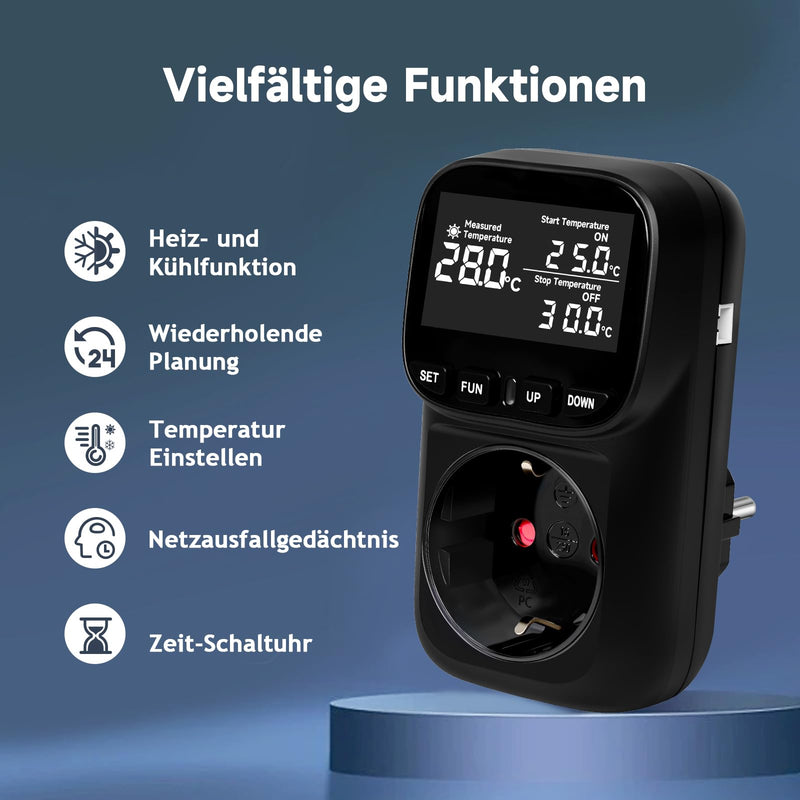 Temperature Control Socket 16A/3680W -40°C ~ 120°C, Digital Thermostat, 5M + 2M Cable Sensors, Heating/Cooling, Cycle Timer/Countdown Black