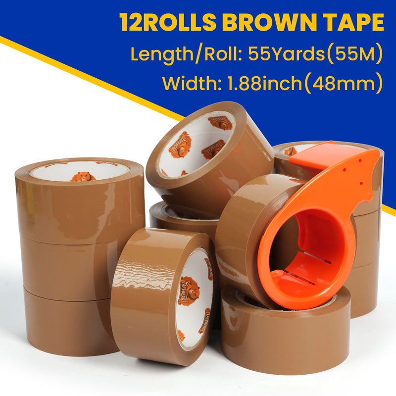 TAPEBEAR Brown Packing Tape with Dispenser, 2.6mil x 1.88" x 55Yard + Stretch Wrap Film 15" x 760Ft