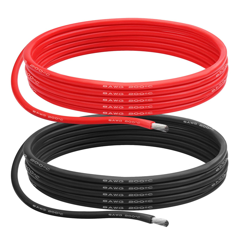 8 AWG Gauge Silicone Wire Electrical Cable?10ft red &10ft Black? Soft & Flexible 0.08 mm Tinned Copper core High Temperature Resistant Silicone Wire for Arduino Projects, RC Cars, Boat, Drones etc. 8 AWG 10ft Red+10ft Black