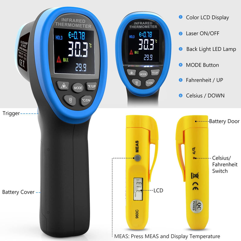 [Australia - AusPower] - Infrared Thermometer High Temperature Gun -58℉~3272℉ & Instant Read Thermometer -22℉~527℉ Combo with D:S=50:1, Adjustable 0.1~1.0 Emissivity, Color LCD Display for Smelting, Furnaces, Oven, HVAC GC-1800C+960C 