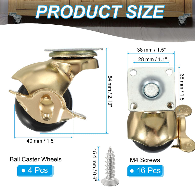 [Australia - AusPower] - PATIKIL 1.5 Inch Ball Caster Wheels with Brake, 4 Pack 360° Rotating Swivel Top Plate Wheels 298 lbs Total Capacity Locking Caster with M4 Screws for Furniture Table Cabinet Gold 
