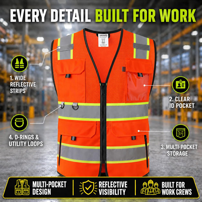 Hi Vis Reflective Safety Vest for Men Women with Pockets Mesh High Visibility Construction Vest,Meet ANSI/ISEA(YW001) Large Orange 1