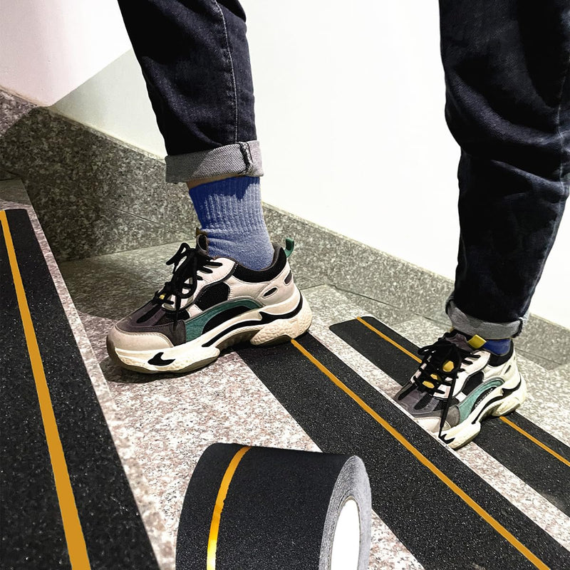 4" X 30" 10 Pack Anti Slip Stair Tread with Reflective Yellow Stripe Non Skid Tape Premium Grip Non Slip Tape Black High Traction Adhesive for Stairs Step Indoor/Outdoor (4" X 35Ft, 1)