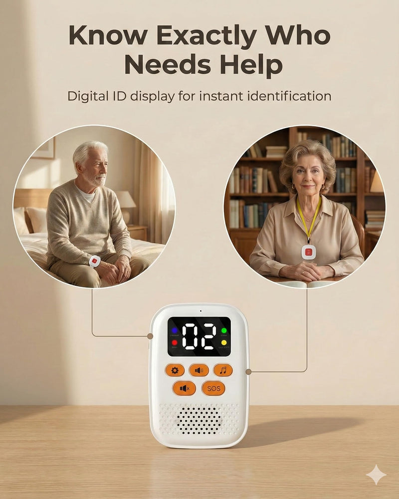 [Australia - AusPower] - PILSAMAS Emergency Call Button for Elderly at Home, Medical Alert Wristband and Necklace Set, Rechargeable Caregiver Pager with Digital ID Display, Waterproof Emergency Alert Button for Seniors, 500ft 1 Pager + Watch & Pendant White 