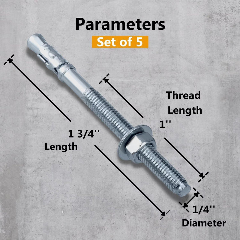 [Australia - AusPower] - 1/4'' x 1-3/4'' Wedge Anchor, 1/4 Inch Diameter for Concrete, 5 PCs Heavy Duty Zinc Plated Concrete Wall Anchor 1/4'' x 1-3/4'' 