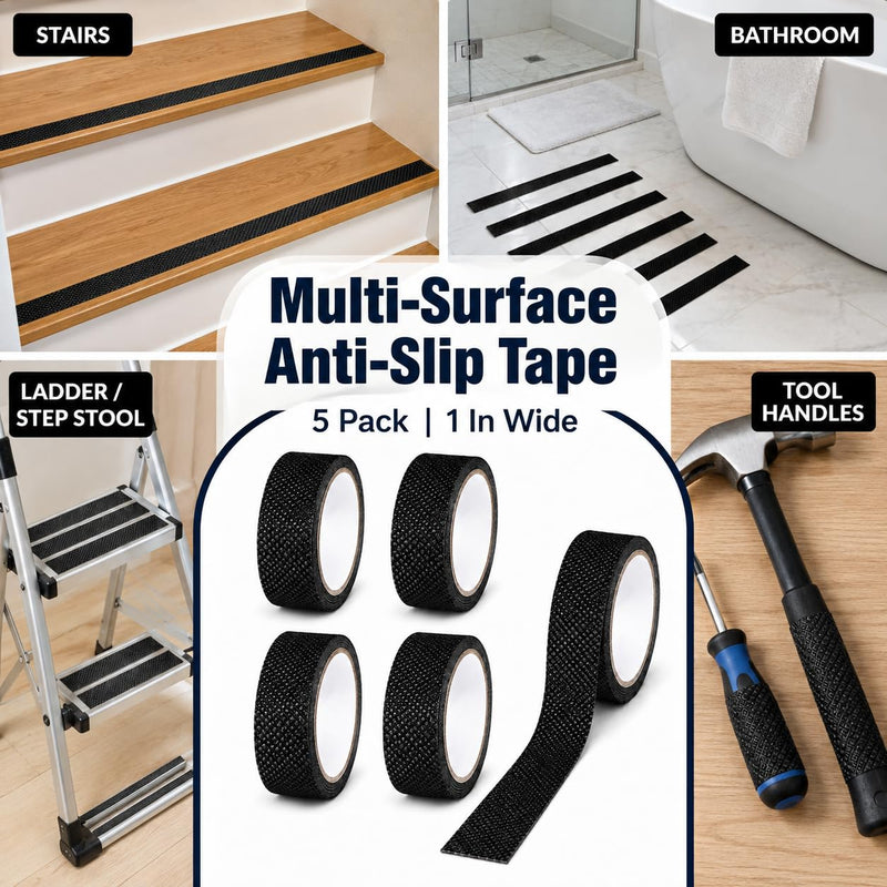 5 Pcs Grip Tape Rubber Anti Slip, 1 in x 49 Ft Non Slip Tapes Adhesive Back Waterproof for Handlebar, Black Tape for Tool Handle Grip