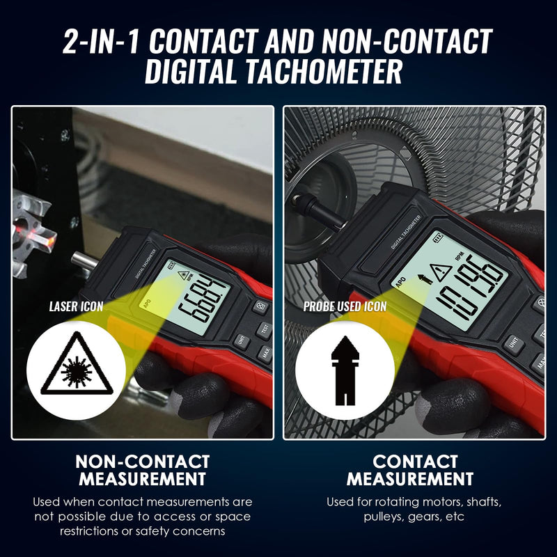 [Australia - AusPower] - Dual-Mode Digital Tachometer RPM Gauge Contact & Non-Contact Handheld Tach Meter with Backlit LCD, MAX/MIN Hold, 3-99999RPM + 10Pcs Reflective Tape for Laser Photo Speed Tester 