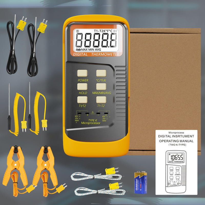 [Australia - AusPower] - Handheld Thermocouple Thermometer, 2 Channels K Type Thermocouple Probe and 4 Thermocouples, Measuring Range -50 to 1370°C(-58 to 2498°F), Contains 4 Thermocouple Probes 6802-04 