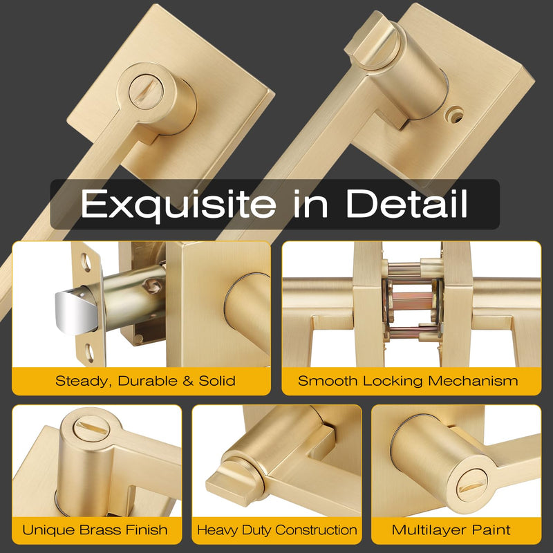 EHOMEWARE 1 Pack Gold Door Handles, Heavy Duty Door Knobs Interior for Bedroom Bathroom, Zinc Alloy Privacy Door Levers Door Handle with Lock, Satin Brass Modern Door Hardware & Locks Privacy Door Lever