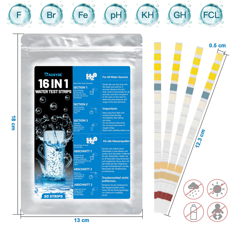 [Australia - AusPower] - 16-in-1 Water Tester Drinking Water, Pack of 50 Water Hardness Measure Water Test Strips for Drinking Water, Water Hardness Test Strips for Total Hardness, Free Chlorine, Iron, Copper, Lead, Nitrate 