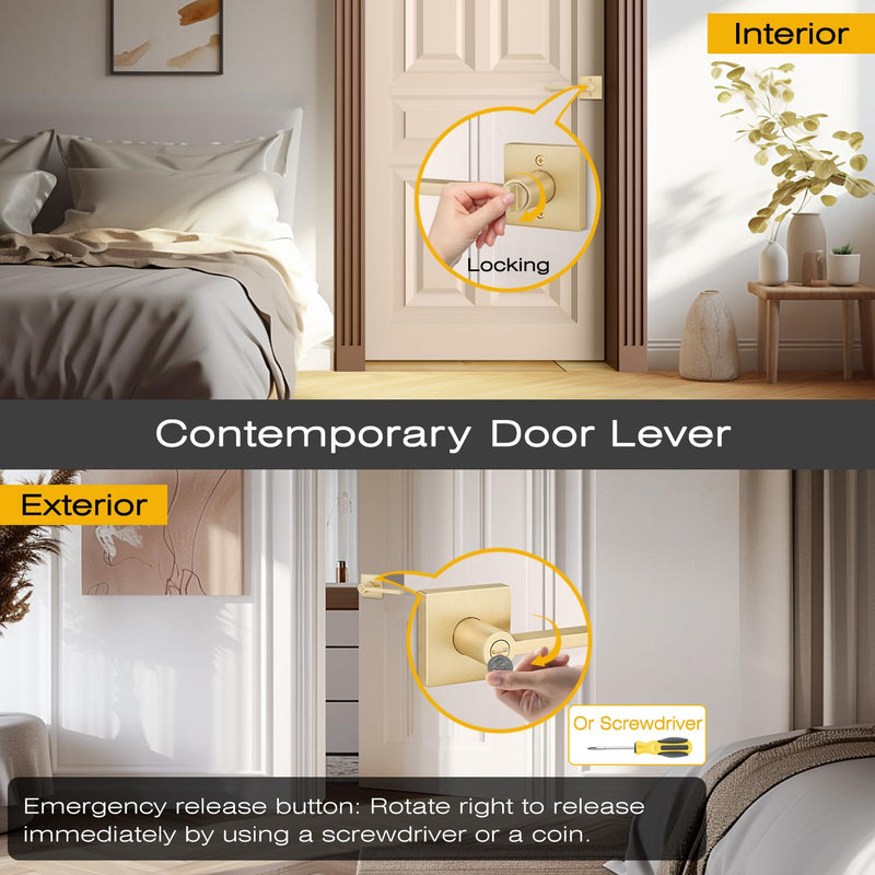 EHOMEWARE 1 Pack Gold Door Handles, Heavy Duty Door Knobs Interior for Bedroom Bathroom, Zinc Alloy Privacy Door Levers Door Handle with Lock, Satin Brass Modern Door Hardware & Locks Privacy Door Lever