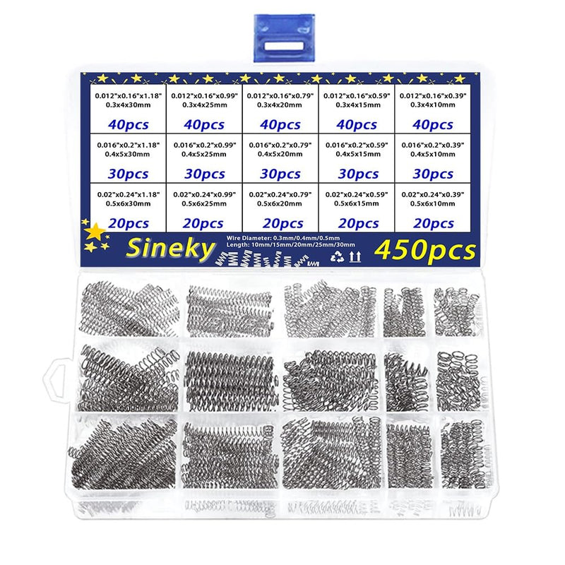 [Australia - AusPower] - 450pcs Compression Springs Assortment Kit, Small Spring Set for DIY Repair Project, 15 Different Sizes Stainless Steel Compressed Spring Kit 10-30mm (0.39"-1.18") Length 450pcs 