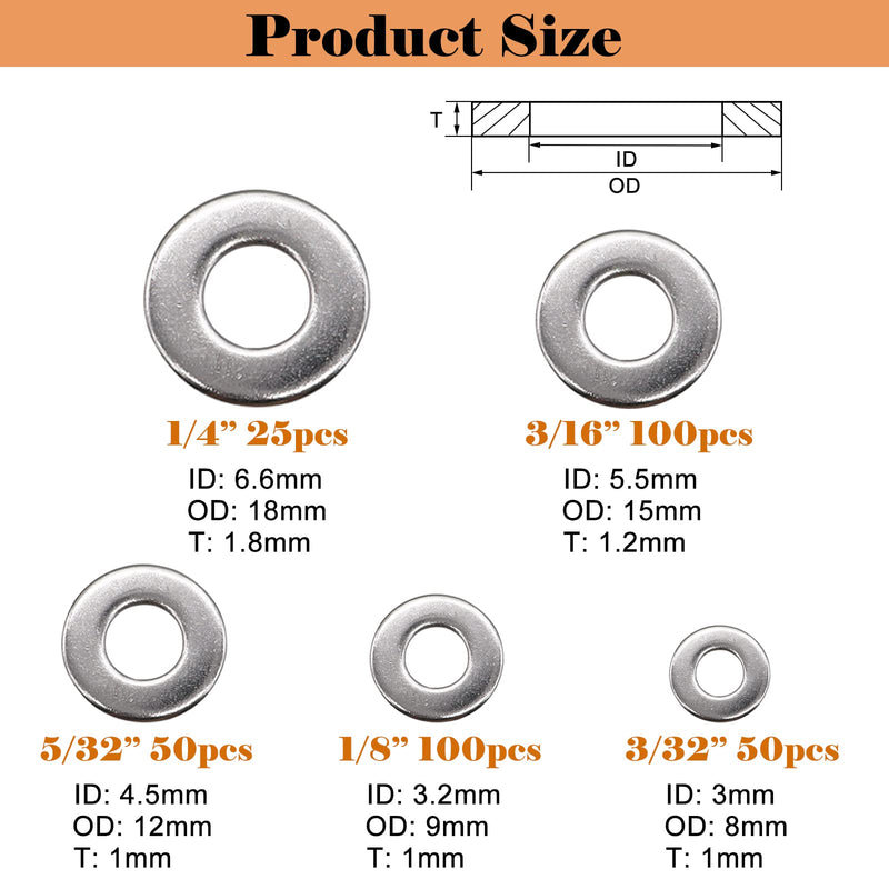 [Australia - AusPower] - 325pcs Stainless Steel Washers for Blind Pop Rivets Assortment Kit, Backup Rivet Washers Diameter 3/32 inch 1/8inch 5/32inch 3/16inch 1/4inch 