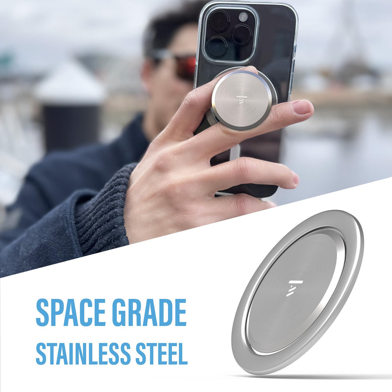 [Australia - AusPower] - Ultra Thin Phone Grip: Space Grade Steel, Poppable, Standable, Removable for Wireless Charging. MagSafe® Compatible. Mobile Accessory for iPhone 12, 13, 14, 15.… Brushed Steel 