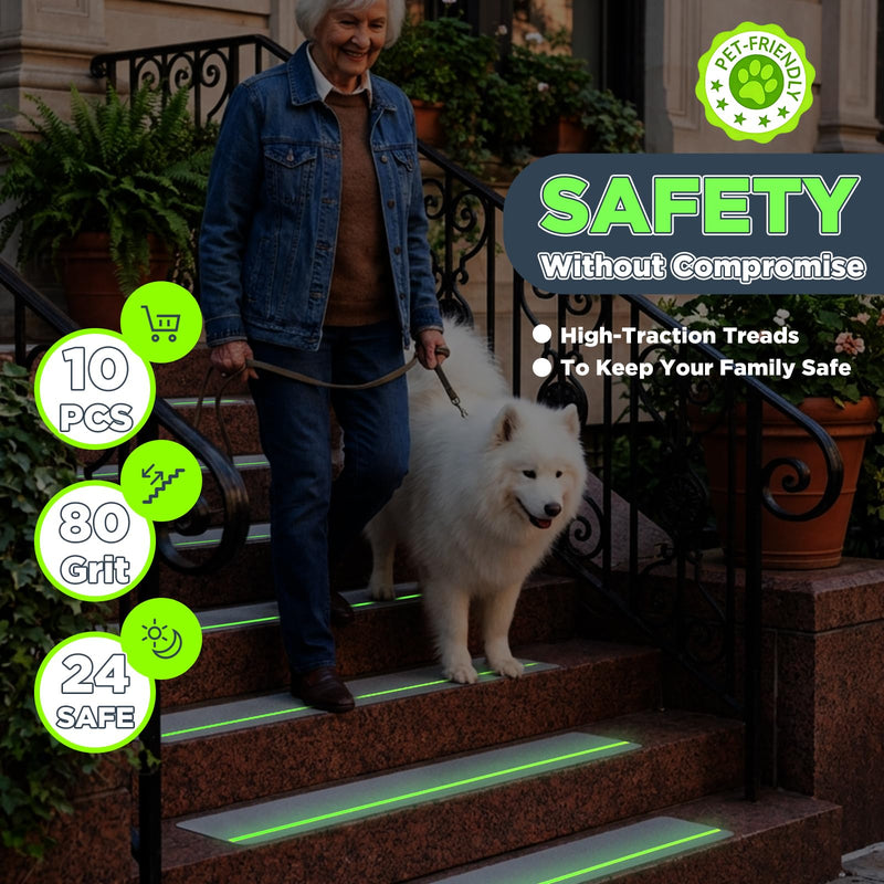Breling 10 Pcs 8"x30" Non Slip Stair Treads with Glow in The Dark Strips Clear Anti Slip Tape Non Slips Stair Tape with Application Roller Waterproof Self Adhesive Strips for Indoor, Outdoor Steps