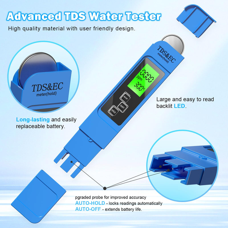 [Australia - AusPower] - 3 in 1 TDS Meter - TDS EC & Temperature(°C,°F) Meter,Accurate & Reliable Digital Water Testing Kits for Drinking Water Quality, Tap, Well, Swimming Pool,Hydroponics, Aquarium, RO/DI System?Blue 