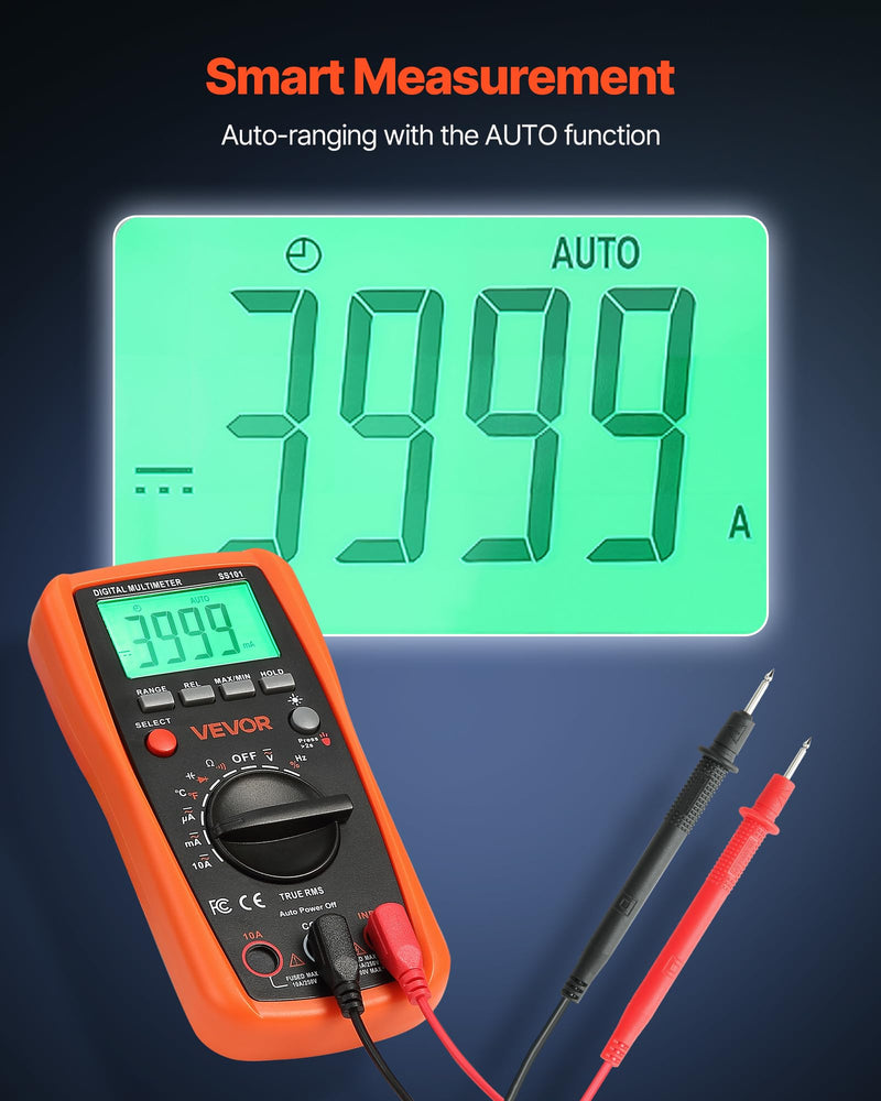[Australia - AusPower] - VEVOR Digital Multimeter, 4000-Count TRMS DC/AC Voltmeter Current Tester, Auto-Ranging Multimeter for Current Voltage Resistance Capacitance Temperature Diodes Continuity Duty-Cycle Measurments 