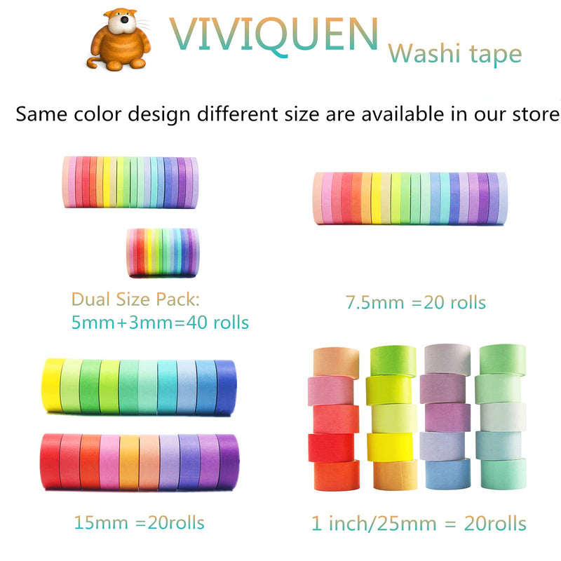 VIVIQUEN Washi Tape Set 40 Rolls Masking Tape Pack Colorful Decorative Thin Tapes Fit DIY Scrapbooking Crafts Gift Wrapping Tapes(5MM and 3MM Wide)