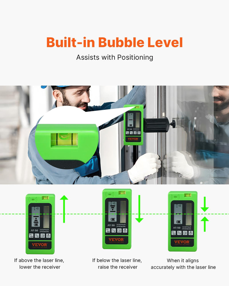 [Australia - AusPower] - VEVOR Laser Receiver, 197 ft Working Range, Green Laser and Red Beam Detector for Pulsing Line Lasers, Customizable Speaker & Dual LCD Display & Built-In Bubble Level with Clamp for Laser Level 