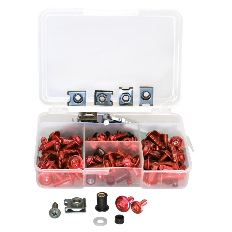 [Australia - AusPower] - 210Pcs Motorcycle Universal Fairing Bolt Kits, Aluminum Alloy M5 M6 Screws Fasteners, Washers Nuts Clips Assortment (Red) 