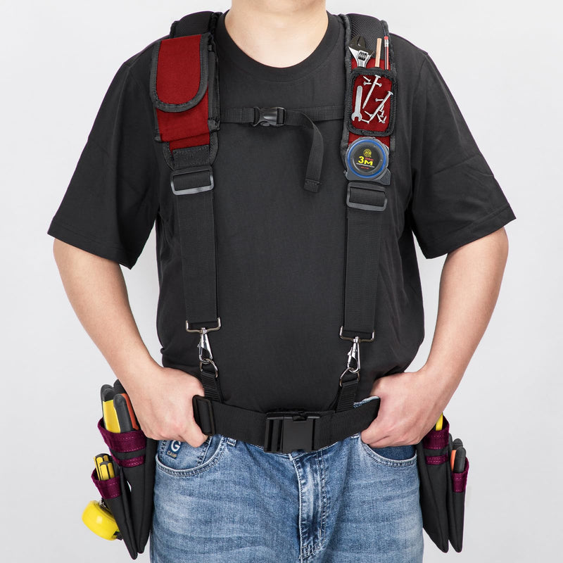 Tool Belt With Suspenders, 24 Pockets Tool Bag with Magnetic Wristband, Detachable Tool Pouch Bag, Adjustable Waists for Men Electrician Carpenter Construction (Red) TBS01-Red