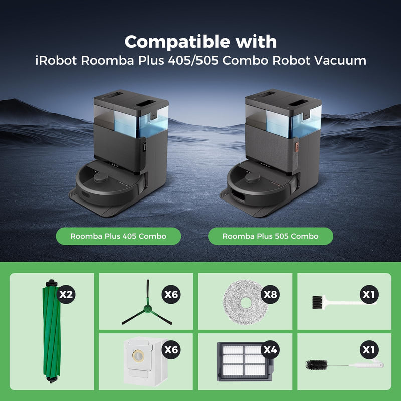 [Australia - AusPower] - Yivy 28PCS Accessories for iRobot Roomba Plus 405/505/507 Combo Robot Vacuum Cleaner, Parts Contents 2 Roller Brushes, 6 Side Brushes, 6 Dust Bags, 4 HEPA Filters, 8 Mop Pads, 1 Cleaning Brush 405/505-set28 