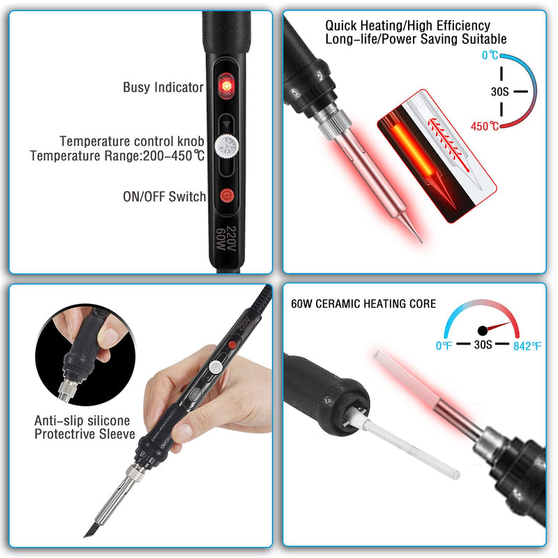 Soldering Iron Set, 60 W Soldering Iron Soldering Set with On/Off Switch 200-450 °C, Adjustable Temperature Button, 5 Soldering Tips, Curved Tweezers, Soldering Wire, Iron Stand with Sponge, Pro Electrical Engineering Repairs
