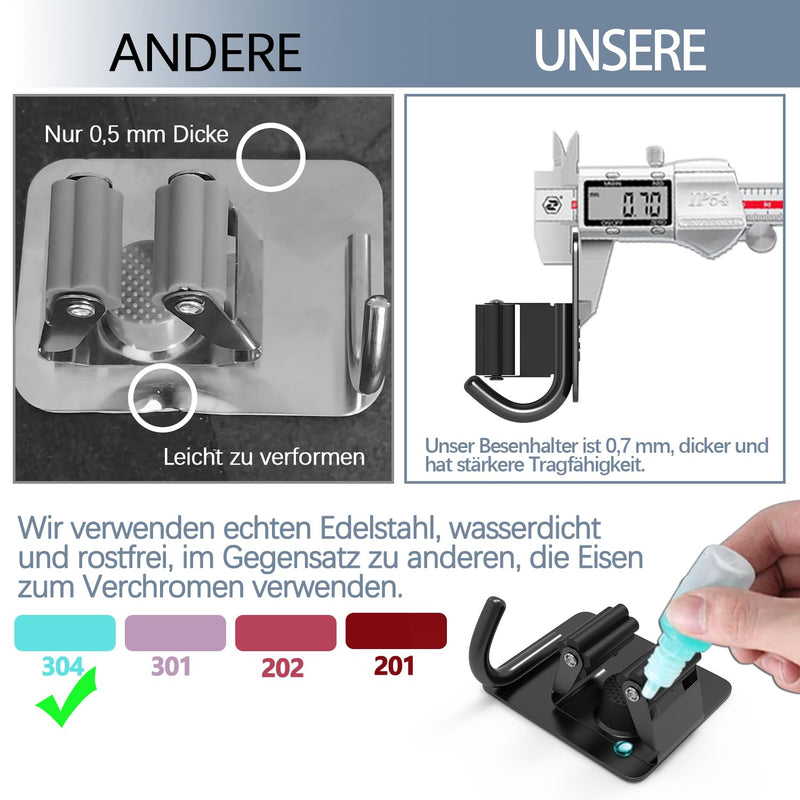3-H Broom Holder Wall Self-Adhesive, Pack of 6 Tool Holder, Broom Holder, No Drilling, Stainless Steel Broom Wall Mount with Hooks, Garden Tool Holder, Tool Holder for Kitchen, Bathroom, Garden, Black | Besenhalter ohne Bohren,Edelstahl Besen Wandhalte...