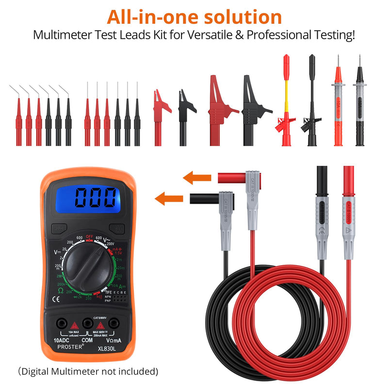 Proster Multimeter Test Leads Kit 26pcs - Multi Testers Replacement Test Leads with Alligator Clips Test Probe Spring Test Hook Test Prods Storage Bag Electric Tester Leads for Multimeter Tester Test Leads 26pcs
