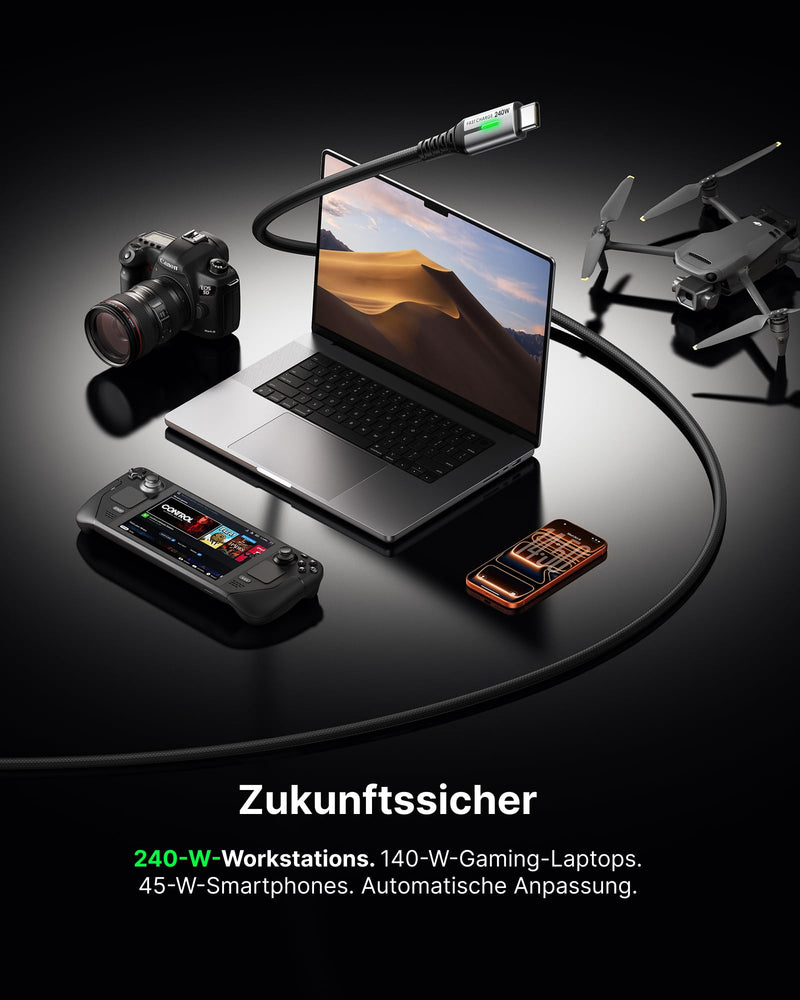 INIU 240 W USB C Cable, [2 Pieces 2 m] PD Fast Charging Cable USB C to USBC Cable | Nylon Geflochten, PD Ladekabel USBC für iPhone 17 16 15 Pro Max Samsung Galaxy S25 S24 Ultra Pixel 10 9a iPad Pro MacBook Air black 2 m + 2 m