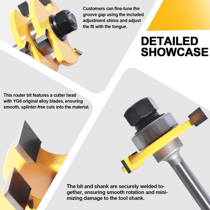 [Australia - AusPower] - Tongue and Groove Router Bit Set of 2 Pieces,Router Bits 1/4 Shank,3 Teeth Adjustable T Shape Wood Milling Cutter,Router Bits,Lock Miter Router Bit,Shank Router Bit,Tongue and Groove Router Bit 