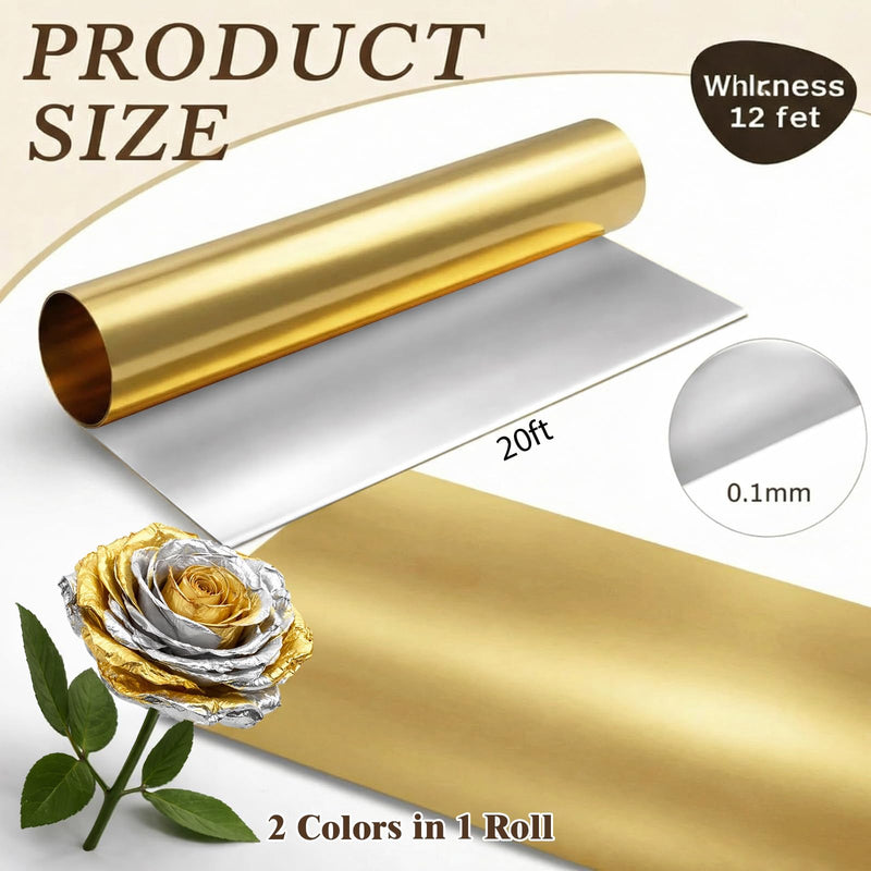 Yaocom Double-Sided Aluminum Foil - Gold & Silver, 12"x20ft Thick DIY Craft Sheet for Art Projects, Flowers, Origami, Scrapbooking, Multipurpose Metal Foil