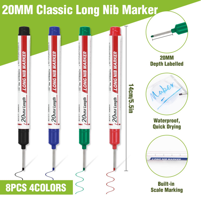 8pcs Long Nib Marker, Long Head Deep Hole Marker Pens, Waterproof Construction Markers Marking Tool, Multi-Purpose Deep Reach Pen Makes For Metal, Carpenter, Woodworking, Gift for Father's Day 8pcs-20mm