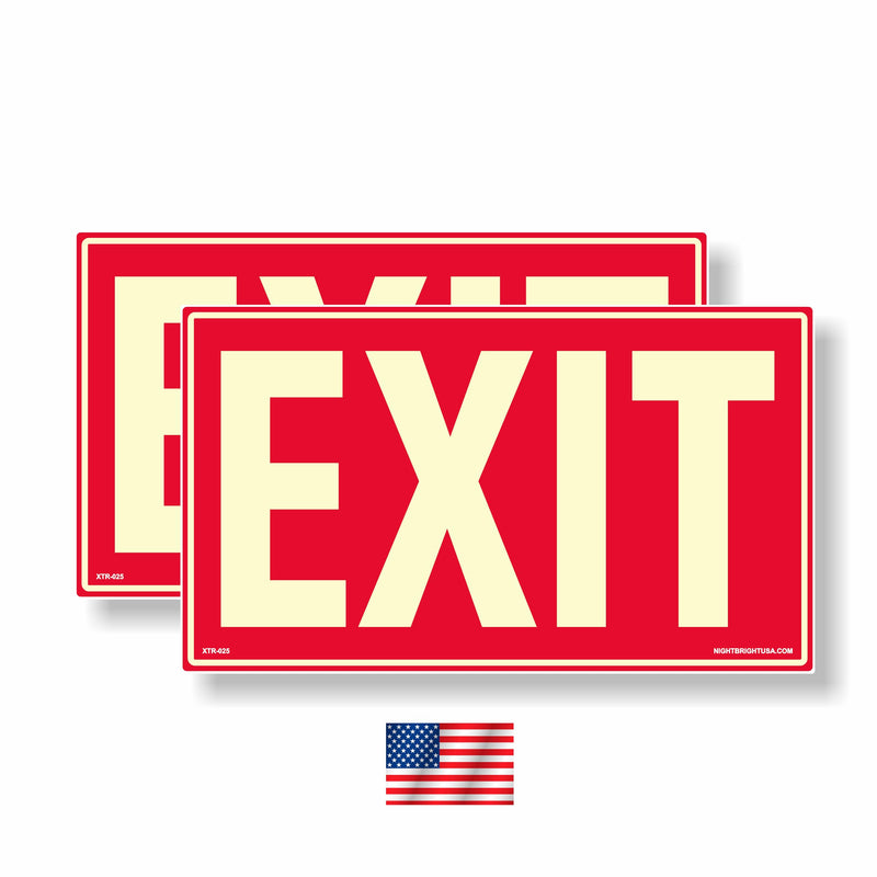 Photoluminescent Exit Sign (Red) / Pack of 2 / UV Inks on Aluminum. Heat Resistant | Cold Tolerant | Weather Proof. MADE IN USA.