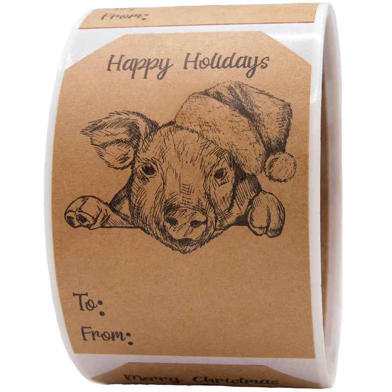 Natural Kraft Country Christmas Gift Tag Stickers – 2 x 3 Inch Vintage Farm Animal Designs – 100 Adhesive Labels Featuring Cow, Goose, and Pig – Eco-Friendly, Made in USA