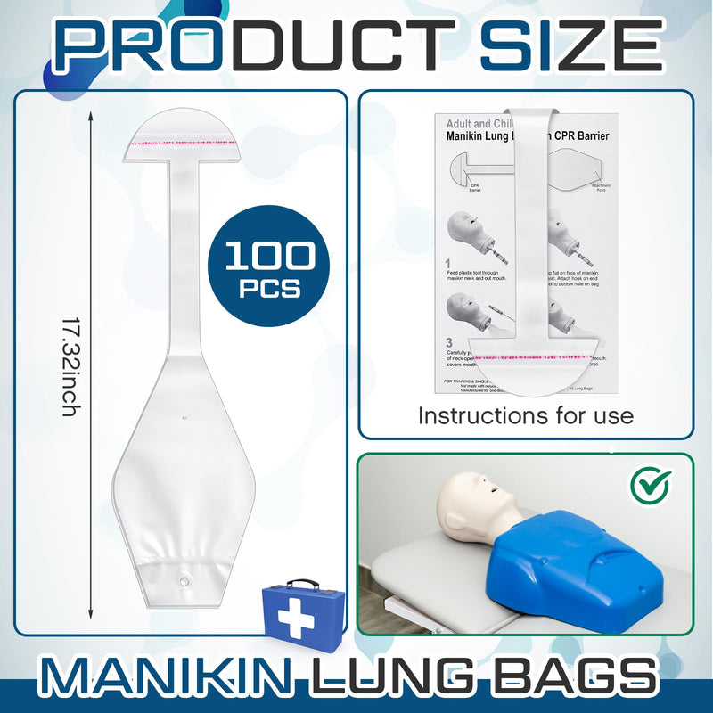 [Australia - AusPower] - 100 Pcs CPR Manikin Face Shield Adult Lung Bag Manikin Replacement Lung Bag Face Shield CPR Classes Training (17.32 Inches) 17.32 Inches 100 