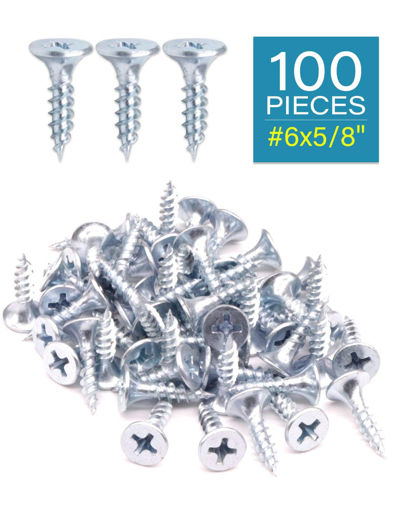 [Australia - AusPower] - 100pcs #6x5/8" Flat Head Phillips Drywall Screws Fine Thread Sharp Point Wood Screw, Carbon Steel 1022A, Zinc Coated #6 x 5/8" 100 