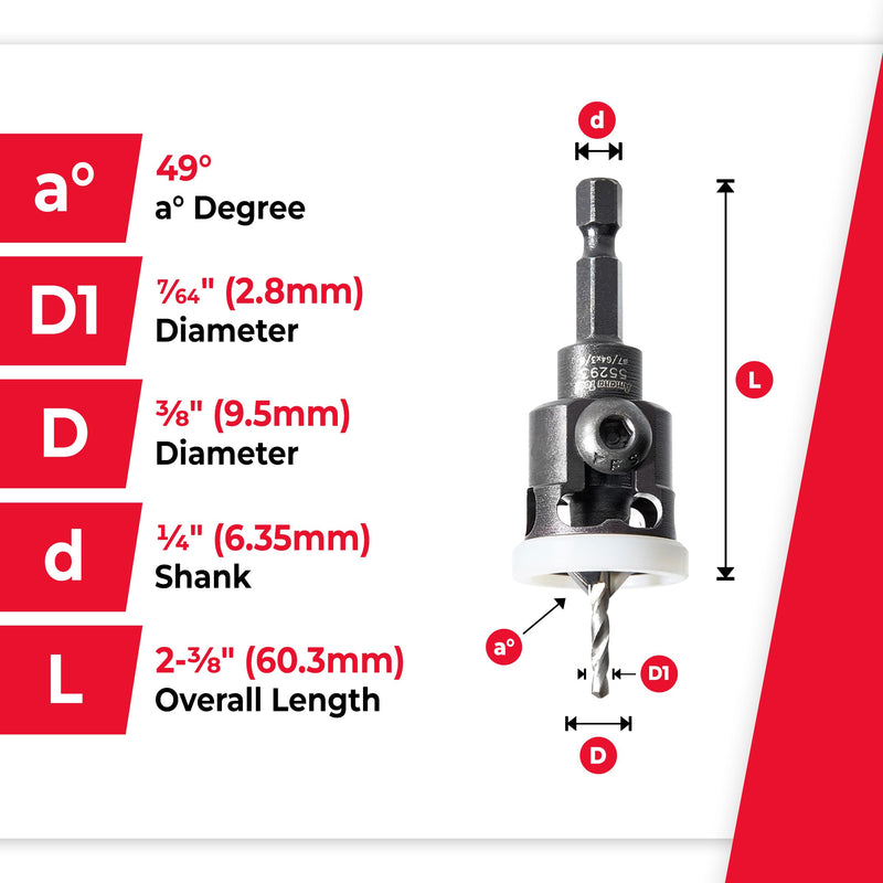 Amana Tool 82 Degree Countersink with Adjustable Low Friction Drill Bit Depth Stop, 55293, 3/8 D x 7/64 Drill D x 1/4 Inch Quick Release Hex Shank