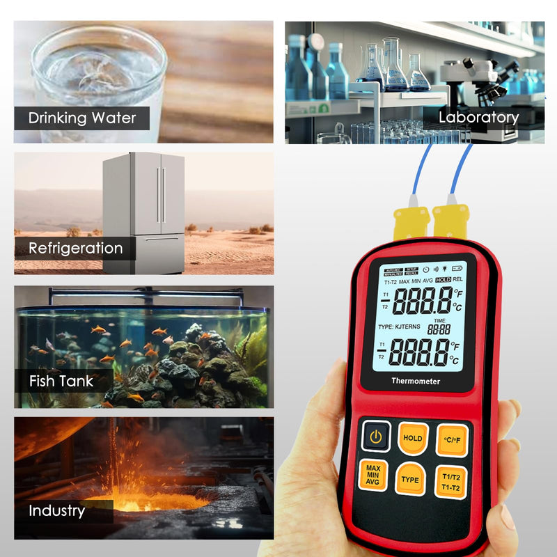 [Australia - AusPower] - Digital K Type Thermocouple Thermometer, Dual Channel Thermocouple Tester(-238~3212℉) with 2 Temperature Clamp and 2 Wired Thermocouple Probes Red 