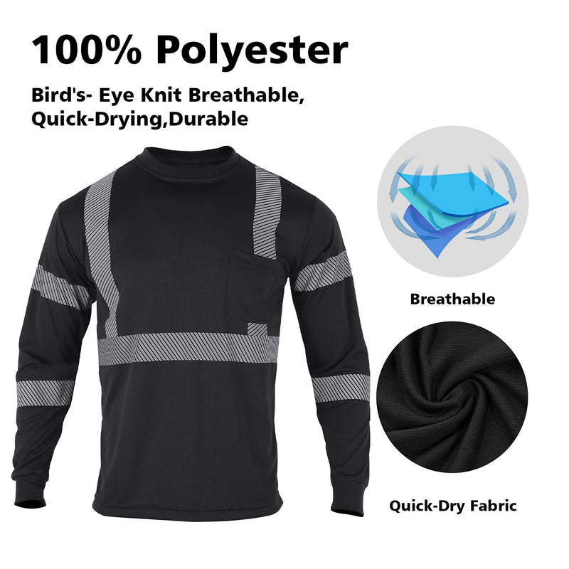 VENDACE Safety Reflective High Visibility Long Sleeve Shirts ANSI Class 3 Hi Vis Construction Work T Shirts for Men Large Black