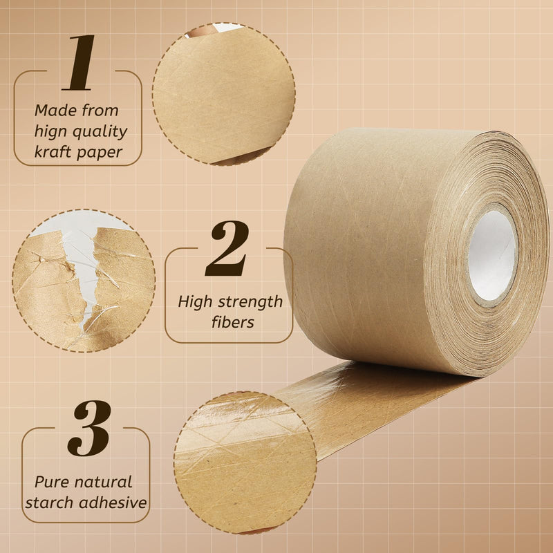 Reinforced Water Activated Gummed Kraft Paper Tape,2 Rolls 2.76 inch x 49.2 yd Brown Packing Tape,Total 98.4 yds for Heavy Duty Secure Packing and Shipping