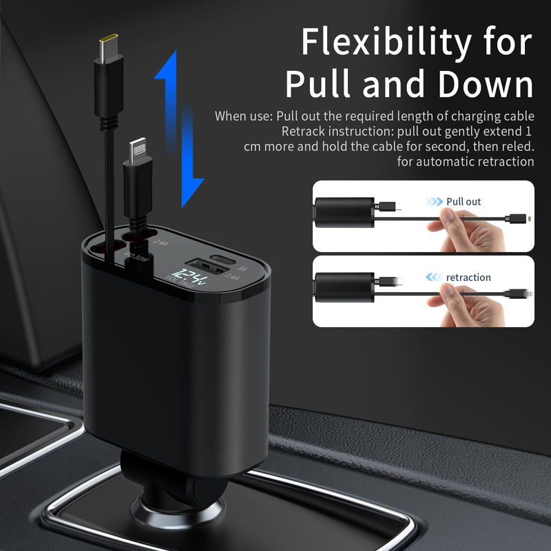 [Australia - AusPower] - Retractable Car Charger, 4 in 1 Fast Charging Car Charger 60W, Retractable Cable and 2 USB Ports Car Charger Adapter Compatible with iPhone 15 14 13 12 11 Pro Max, Galaxy S23, Pixel Car Charger Type C+Lightning-CL B 