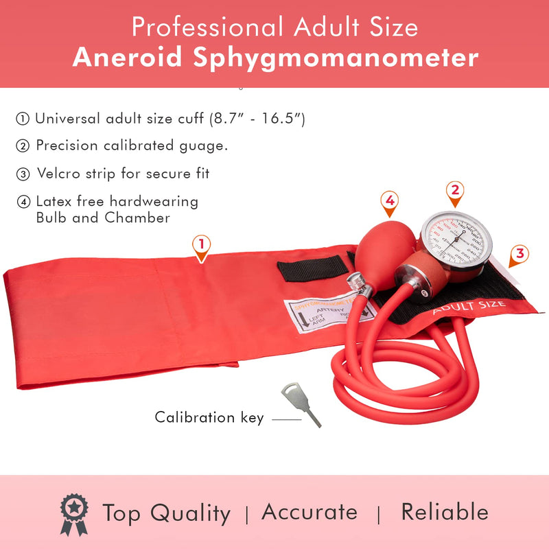 [Australia - AusPower] - NOVAMEDIC Professional Aneroid Sphygmomanometer Blood Pressure Machine and Stethoscope Set, Universal Adult Size Cuff Arm 8.7-16.5", Manual Emergency BP Monitor Kit with Carrying Case, Red 