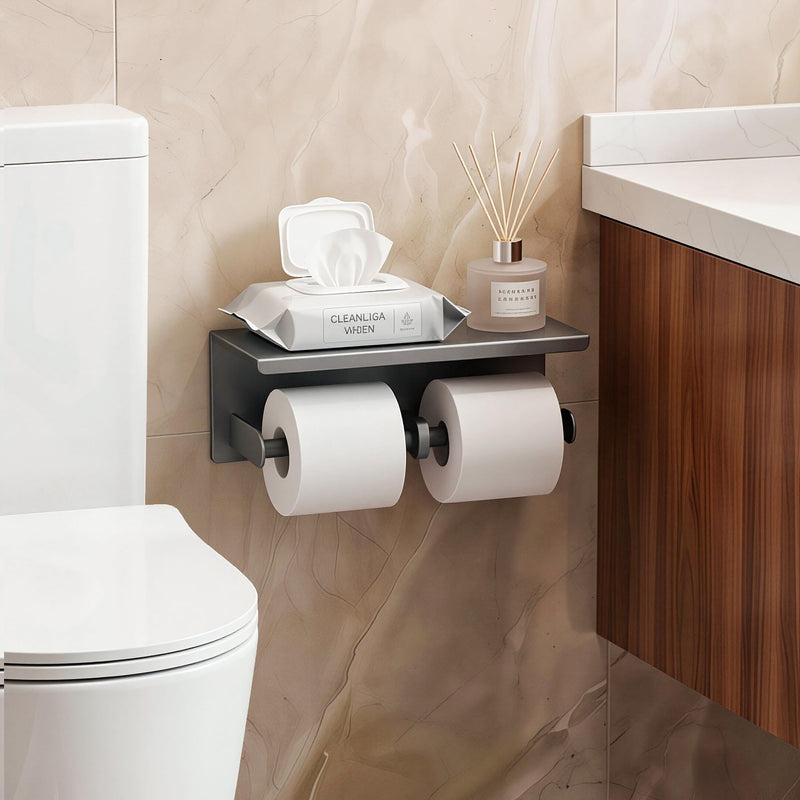 Double Toilet Paper Holder with Phone Storage Shelf Grey | Stainless Steel Tissue Roll Rack Large without Cover