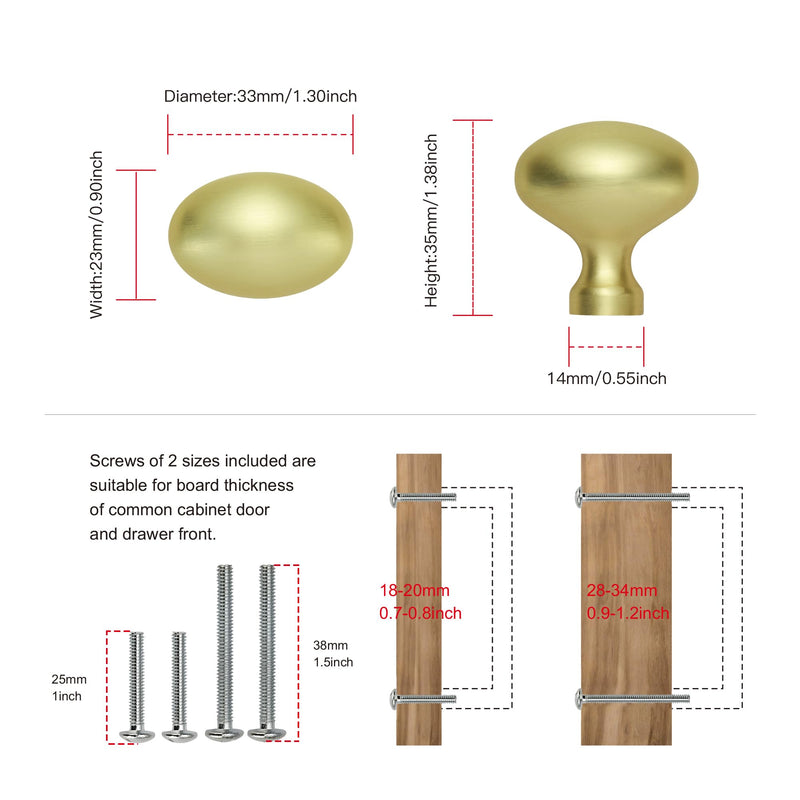 TUNNY 10 Pack Oval Ellipse Single Hole Cabinet Knob-Brushed Gold Single Hole Furniture Hardware Knob for Bathroom Dresser Kitchen Cabinets Bedroom Cabinet Pull Brushed Gold Knob - 1.32"(33.6mm) Diameter - 10Pcs