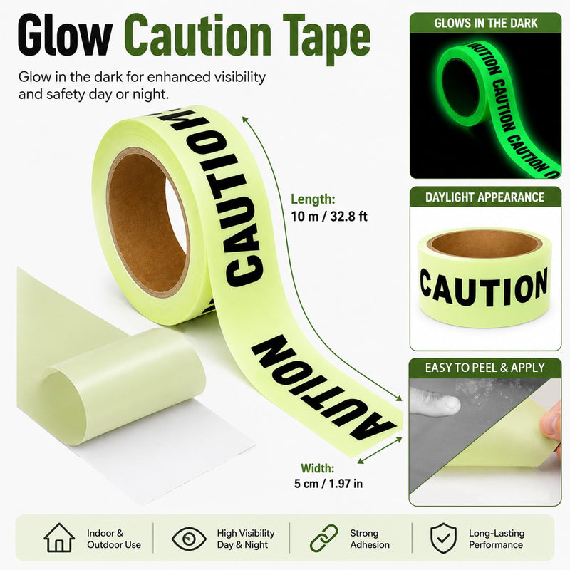 Glow in The Dark Tape Caution Tape Roll 2inx32.8ft Crime Scene Construction Warning Glow Tapes Indoor Outdoor Barricade Safety Night Decor Glows in The Dark Stairs Walls Exit Door Danger Areas (Black) Black