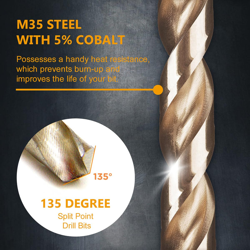 POWERTEC 3/8" Cobalt Drill Bits - 8 Pack - 5" Length - M35 HSS Jobber Length Twist Bits with 135° Tip for Drilling Wood, Metal, Stainless Steel, Nickel Alloy, Cast Iron & Plastic (QDB2011-P2) 3/8", 8PK